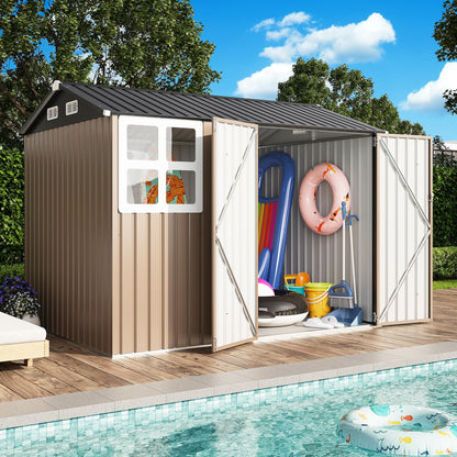 IRONCK 8x6FT Outdoor Storage Shed with Clear Window, Tool Shed with Breathable Vent and Lockable Doors, Metal Garden Storage for Poolside, Patio, Backyard, Brown