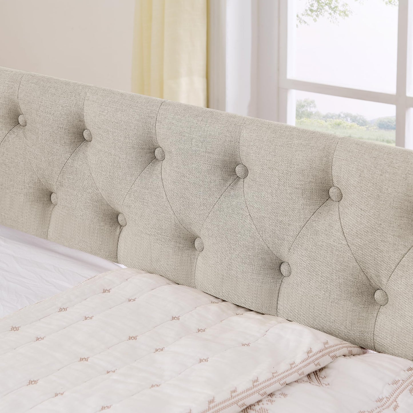 Ball & Cast Twin Size Upholstered Daybed with Pop Up Trundle & USB Port,Twin to King Daybed Frame with Button Tufted Backrest & Nailhead Trim Design, Extendable Trundle Bed,No Box Spring Neeed,Beige