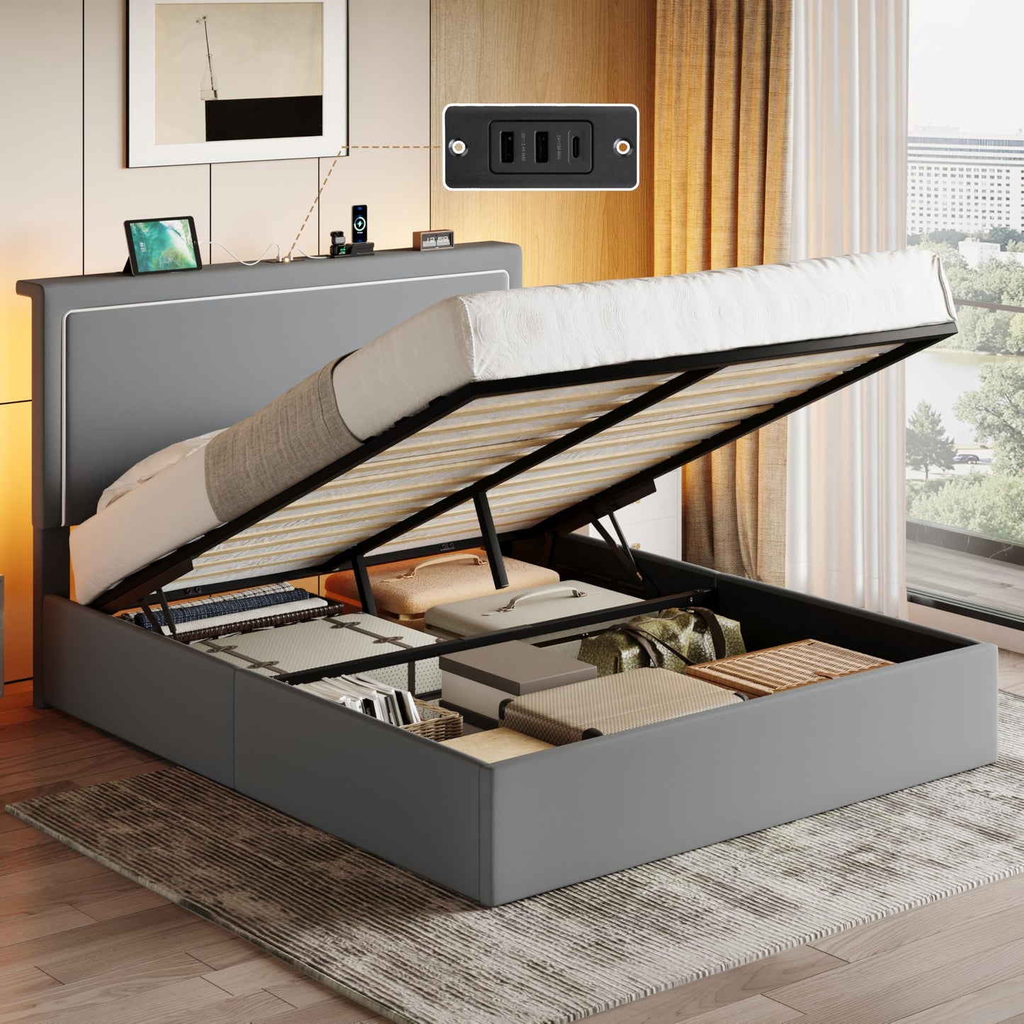 SHA CERLIN Queen Size Hydraulic Lift-Up Storage Platform Bed Frame with Charging Station, RGB LED Lights, Adjustable Velvet Headboard, USB-A and USB-C Ports, No Box Spring Needed, Grey