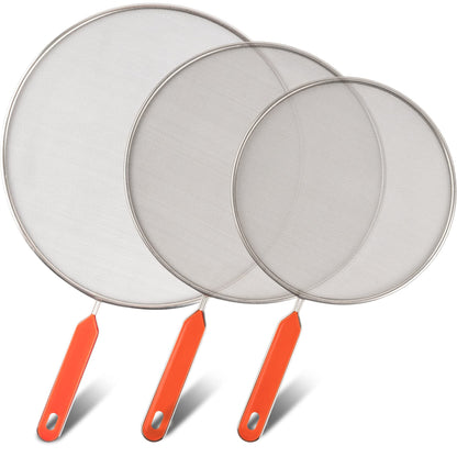 Roe & Moe Splatter Screens - Stainless Steel Splatter Screens for Frying Pan with Insulated Handles - Grease Splatter Guards For Frying Pan that Lets You Create Masterpieces with Ease (Pack of 3)