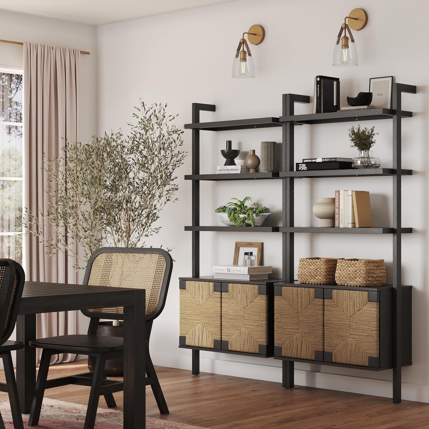 Nathan James Beacon 3-Shelf Bookcase with Seagrass Cabinet, Solid Wood Boho Bookshelf with Storage with Solid Wood Frame, Seagrass/Black