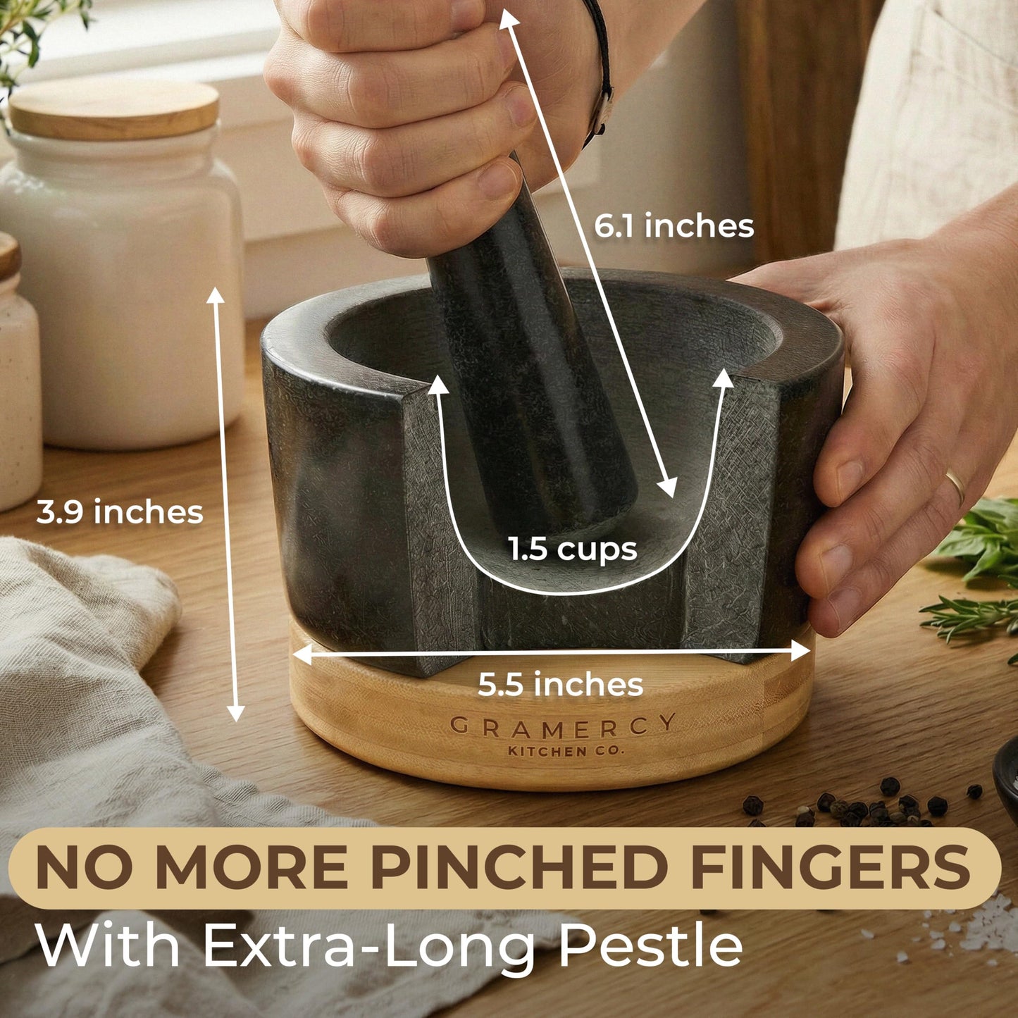 Gramercy Mortar and Pestle Set – Heavy Duty Granite Stone Grinder with Stable Bamboo Base, Extra Long Pestle & Cleaning Brush - Ideal Guacamole Bowl, Herb Grinder & Molcajete Bowl, 1.5-Cup