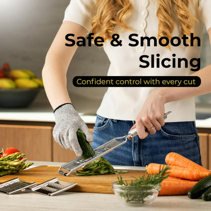 Gramercy Handheld Mandoline Slicer for Kitchen - Stainless Steel Veggie & Fruit Slicer with 4 Blades - Slicer, Julienne & Grater; Cut Resistant Safety Glove & Cleaning Brush Included; Dishwasher Safe