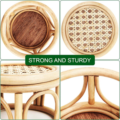 Set 2 of Small Boho Rattan Wicker Round Riser Plant Stand Indoor,Rustic Farmhouse Natural Wooden Circle Pedestal