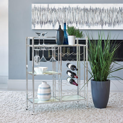 MAKLAINE Contemporary Metal Serving Cart, Chrome Finish, 3 Marble Pattern Glass Shelves, Stemware Racks, 24-Bottle Wine Holder, Casters for Mobility, Rectangular Bar Cart for Home Entertainment