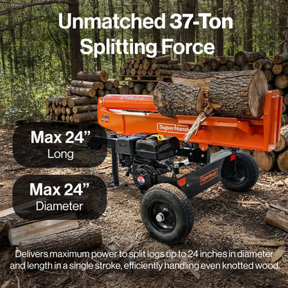 Superhandy 37 Ton 389 cc Gas Powered Full Beam Log Splitter w/Vertical/Horizontal Operation and Auto Return Valve, Towable with 2'' Ball Coupler
