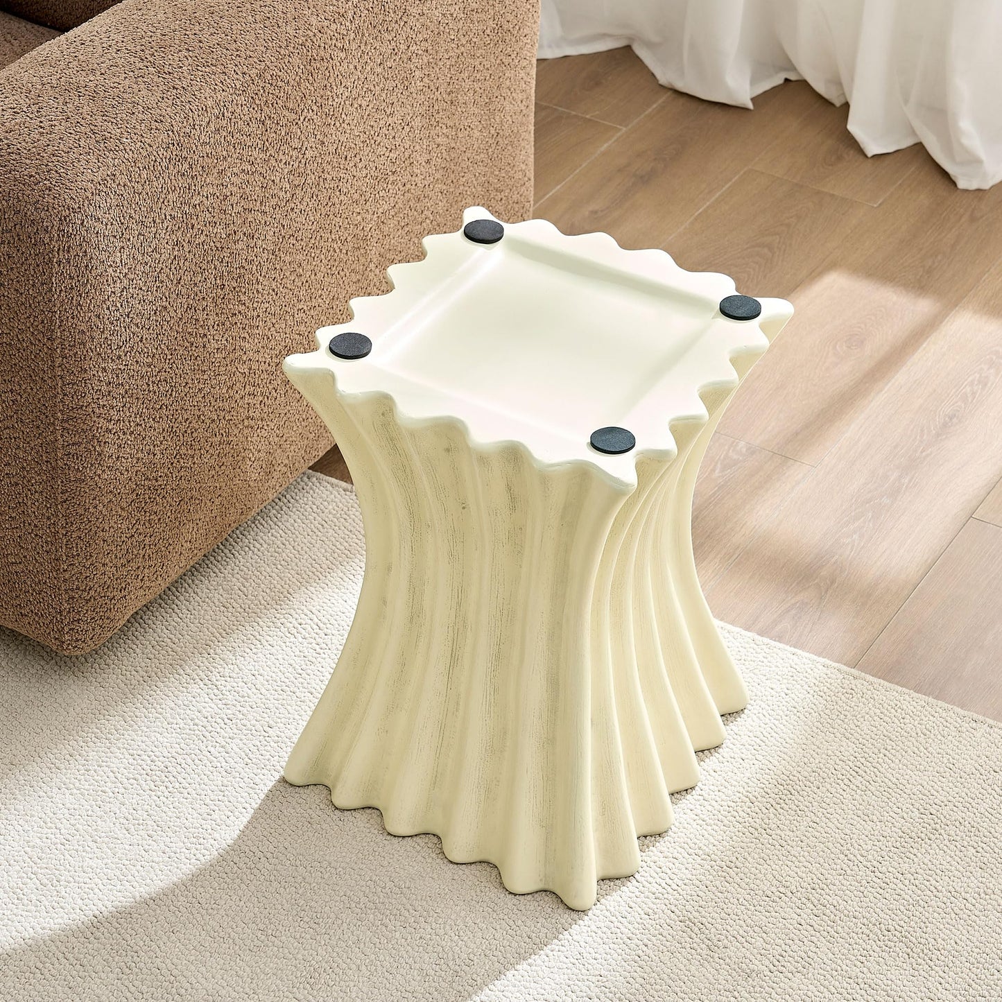KEIKI 15" Vintage Fiberglass Square Coffee Table, Modern Style Synthetic Resins Sturdy Center Side Table, No Assembly Required, for Living Room, Bedroom, Reception Room, Office, Cream