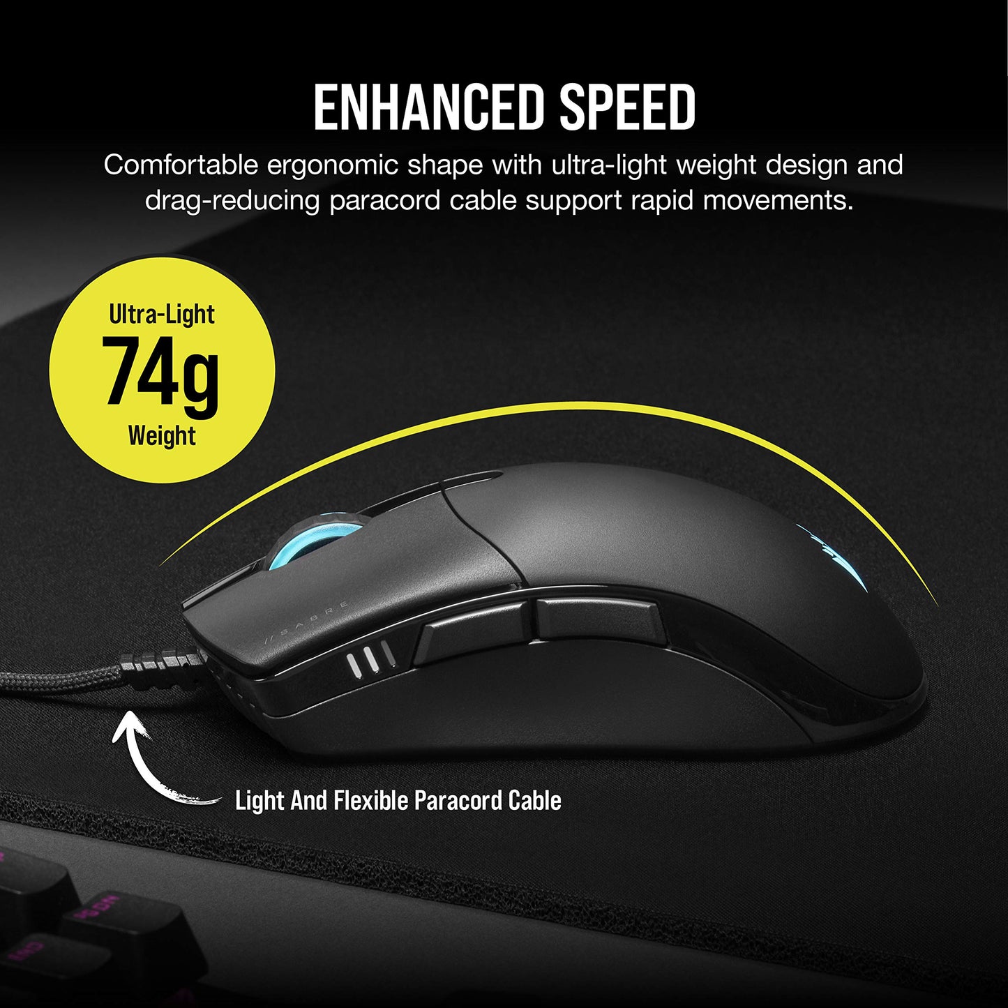 Corsair Sabre RGB PRO Champion Series FPS/MOBA Gaming Mouse - Ergonomic Shape for Esports and Competitive Play - Ultra-Lightweight 74g - Flexible Paracord Cable