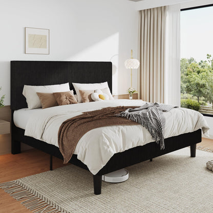 Allewie King Size Upholstered Bed Frame with Vertical Channel Tufted Headboard, Soft Corduroy Fabric Platform Bed, Strong Wooden Slats Support, Easy Assembly, No Box Spring Needed, Black