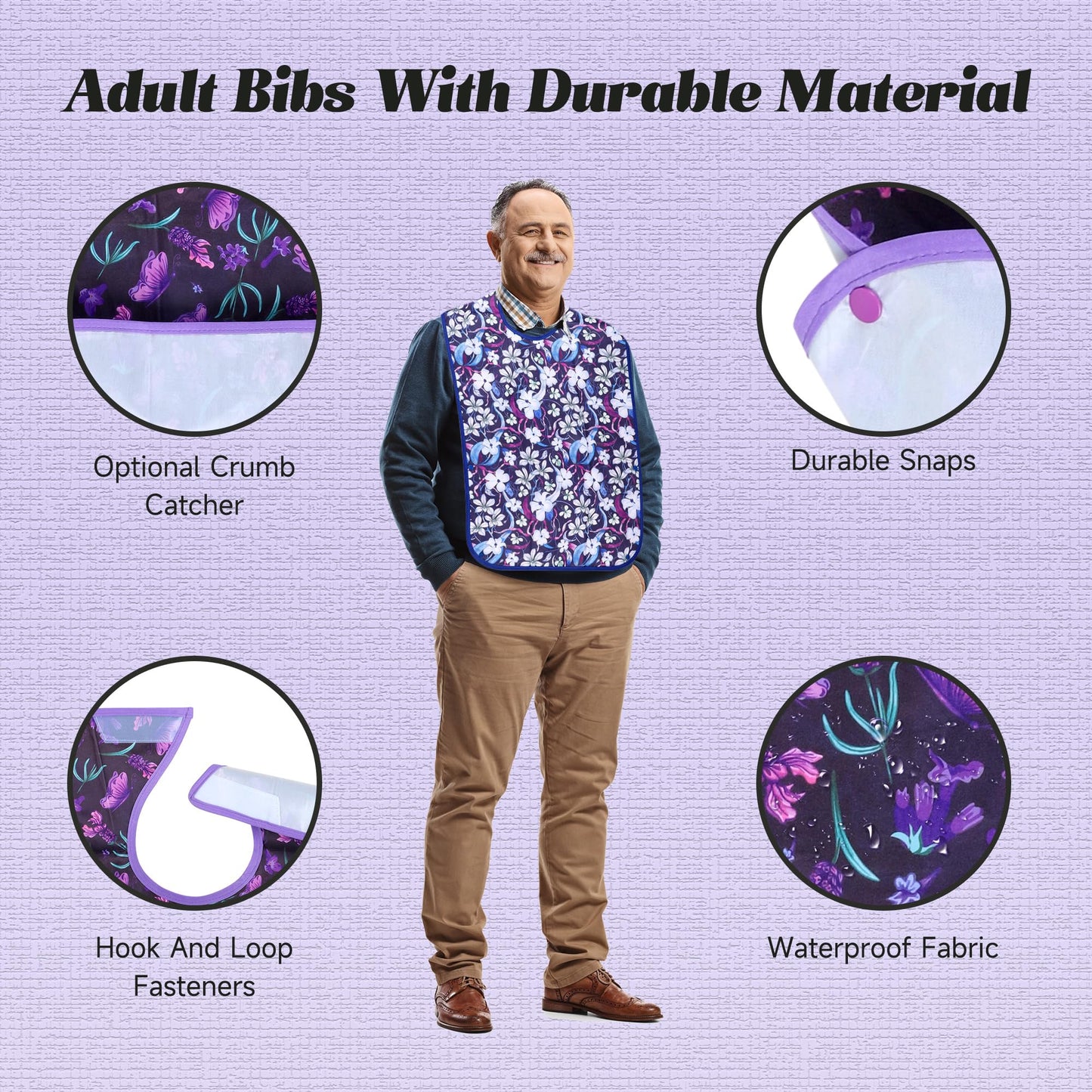 Pedobi Adult Bibs - 3 Pcs Washable Clothing Protector with Crumb Catcher, Adult Bibs for Elderly Women Eating Washable Flower
