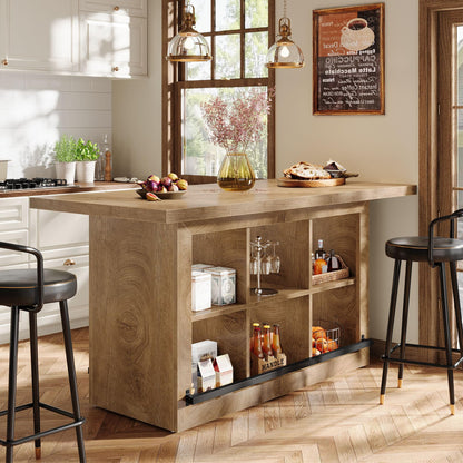 Tribesigns Kitchen Island with Storage, Counter Height Kitchen Island Table with 6 Open Cubbies and Footrests, Coffee Bar Table for Dining Room, Brown