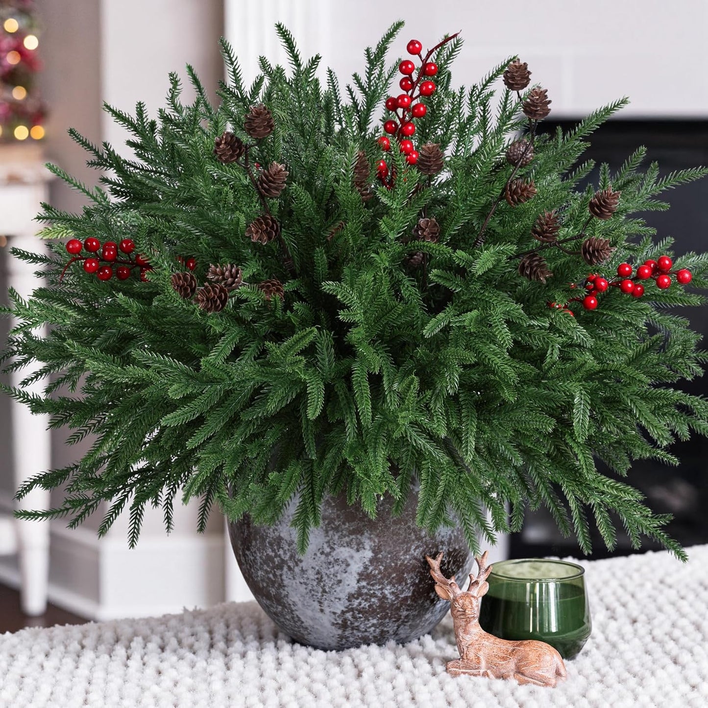 17 Branches,19 Inch HyeFlora PCS Christmas Norfolk Pine Stems with Small Pinecones and Red Berries Real Touch