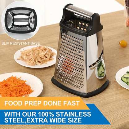 OIM Omiiomio Professional Cheese Grater - Stainless Steel, XL Size, 4 Sides - Perfect Box Grater for Parmesan Cheese, Vegetables, Ginger - Dishwasher Safe - Black