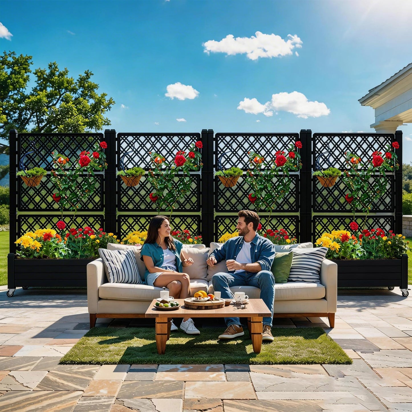 YITAHOME 43.3x17.7x61 in Planter Box with Trellis 2pcs Outdoor Resin Raised Garden Bed with Wheels & Drain Plug for Climbing Plants, Weather-Resistant Outdoor Privacy Screen, Black