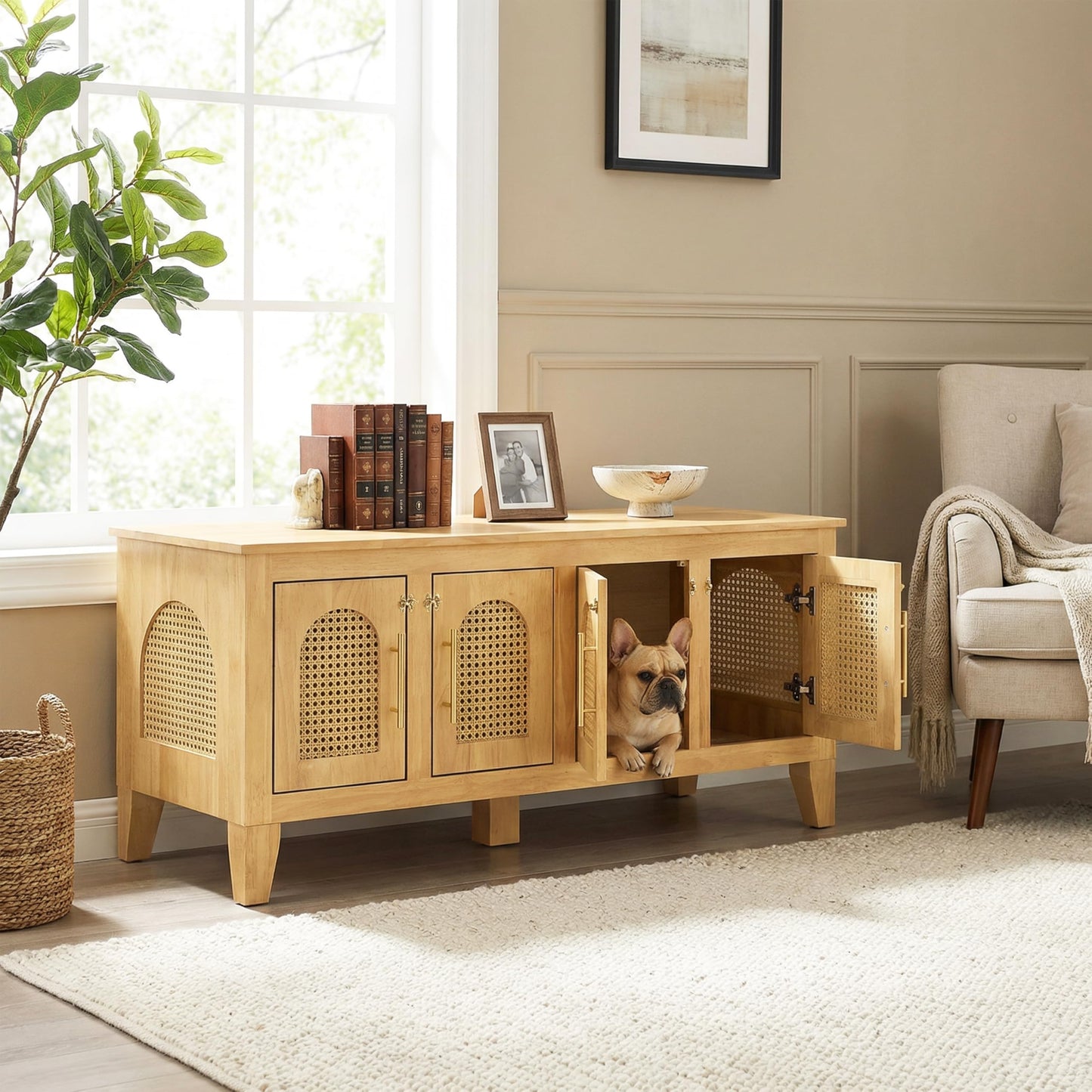 Christopher Knight Home Concun Large Dog Crate Furniture with Breathable Rattan Doors, Rubber Wood Kennel Indoor, Heavy Duty Dog Crate, Multifunctional 2-in-1 Living Room Storage Cabinet, Natural