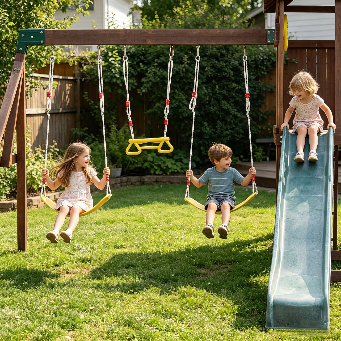 Wooden Swing Set with 2 Swings, Wave Slide, Play Deck, Climbing Wall & Trapeze Rings - Outdoor Backyard Playset for Kids - Heavy Duty Wooden Jungle Gym