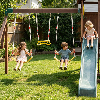 Wooden Swing Set with 2 Swings, Wave Slide, Play Deck, Climbing Wall & Trapeze Rings - Outdoor Backyard Playset for Kids - Heavy Duty Wooden Jungle Gym