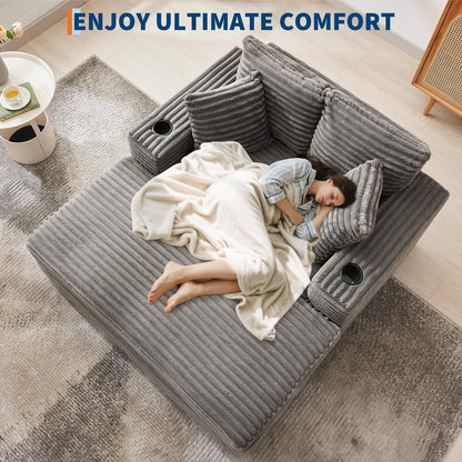 Garvee 60" Oversized Chaise Lounge Chair Indoor, Corduroy Upholstered Sleeper Sofa Bed w/Cup Holder & Charging Port, Cloud Couch Sofa Chair w/Throw Pillows & Wide Arms for Living Room, Bedroom, Gray