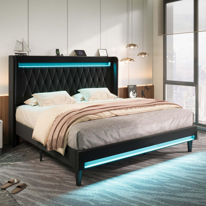 Allewie Upholstered King Size Platform Bed Frame with LED Light and Charging Station, Button Tufted High Headboard, Wingback Design, Noise Free, Easy Assembly, No Box Spring Needed, Black