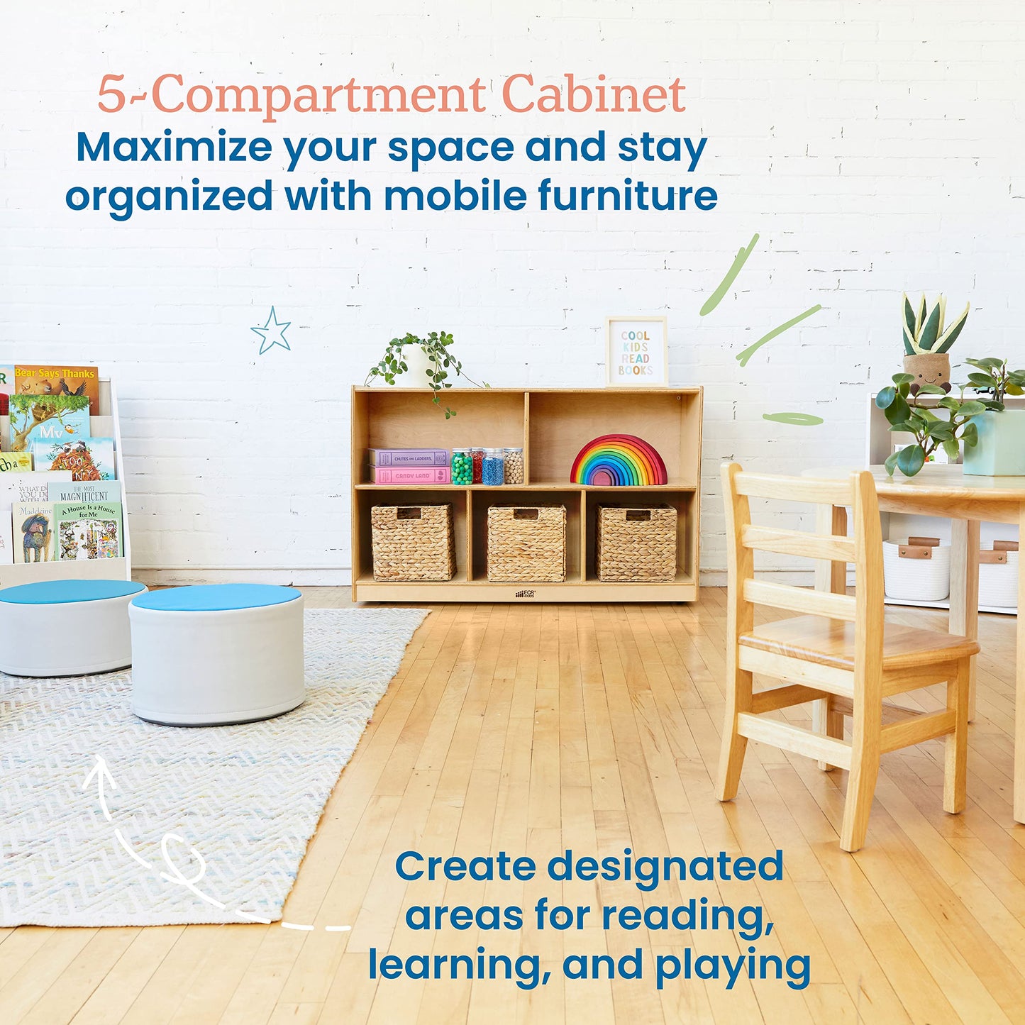 ECR4Kids 5-Compartment Mobile Storage Cabinet, Preschool, Classroom Furniture, Natural