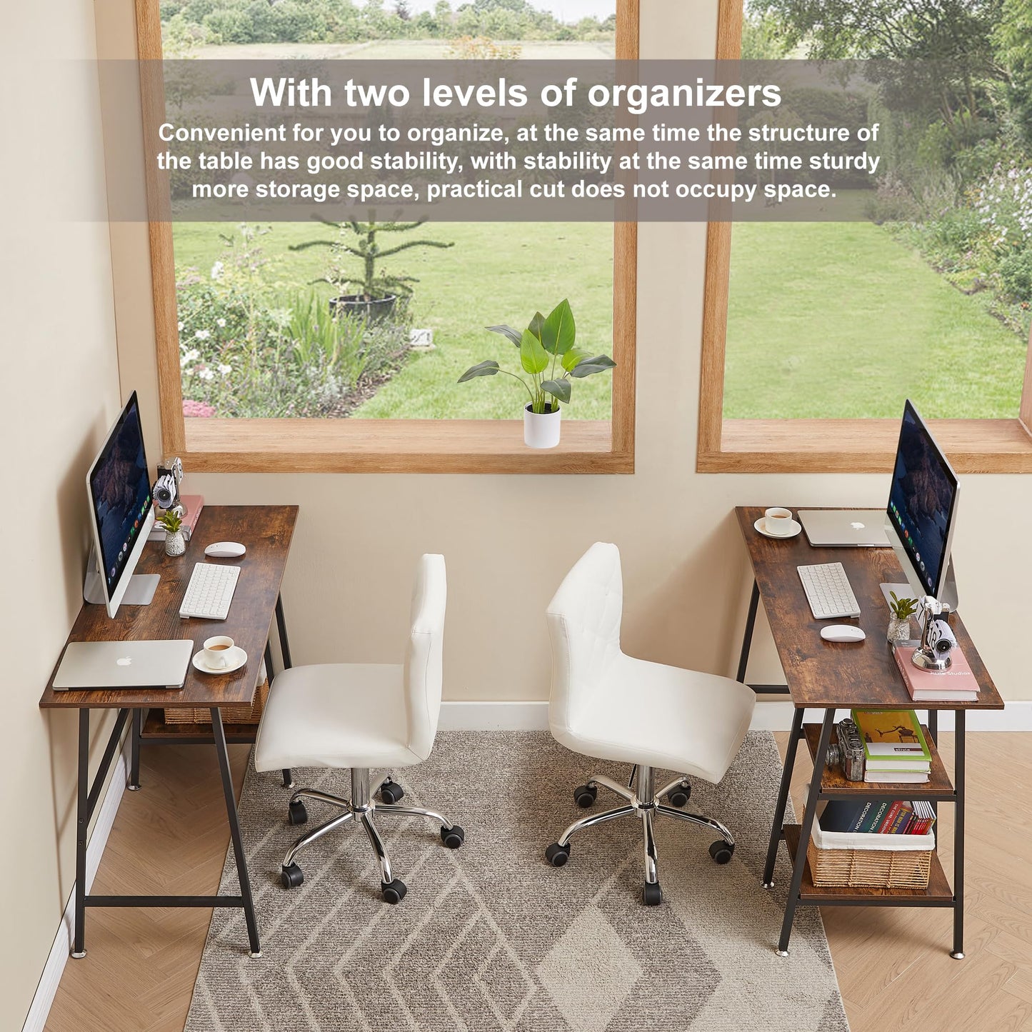 VECELO 43.1 Inch Computer Desk Home Office Walnut Study Desk Work Office Table with Shelves Wooden Desk for Bedroom