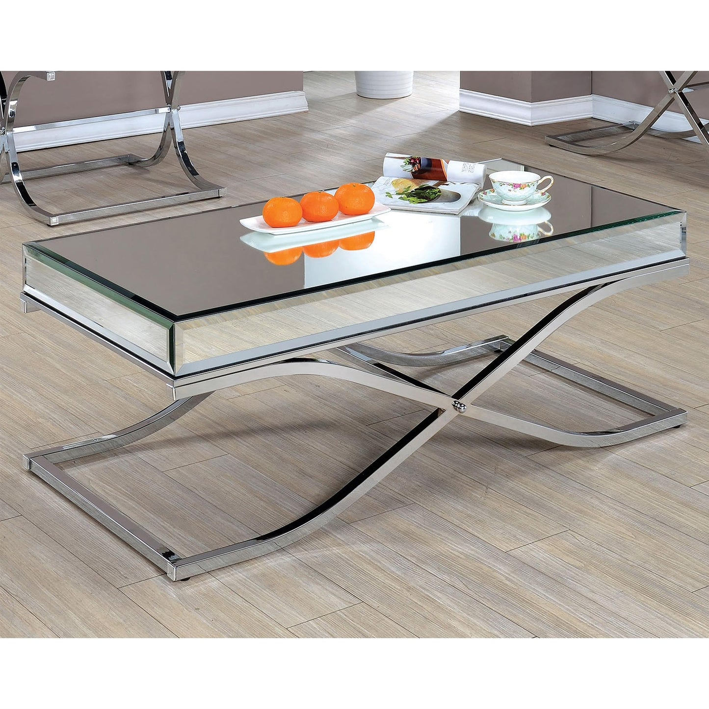 Furniture of America Luxy Glam Mirrored Top Metal 48 in. Rectangle Coffee Table for Living Room, Bedroom, Chrome Silver