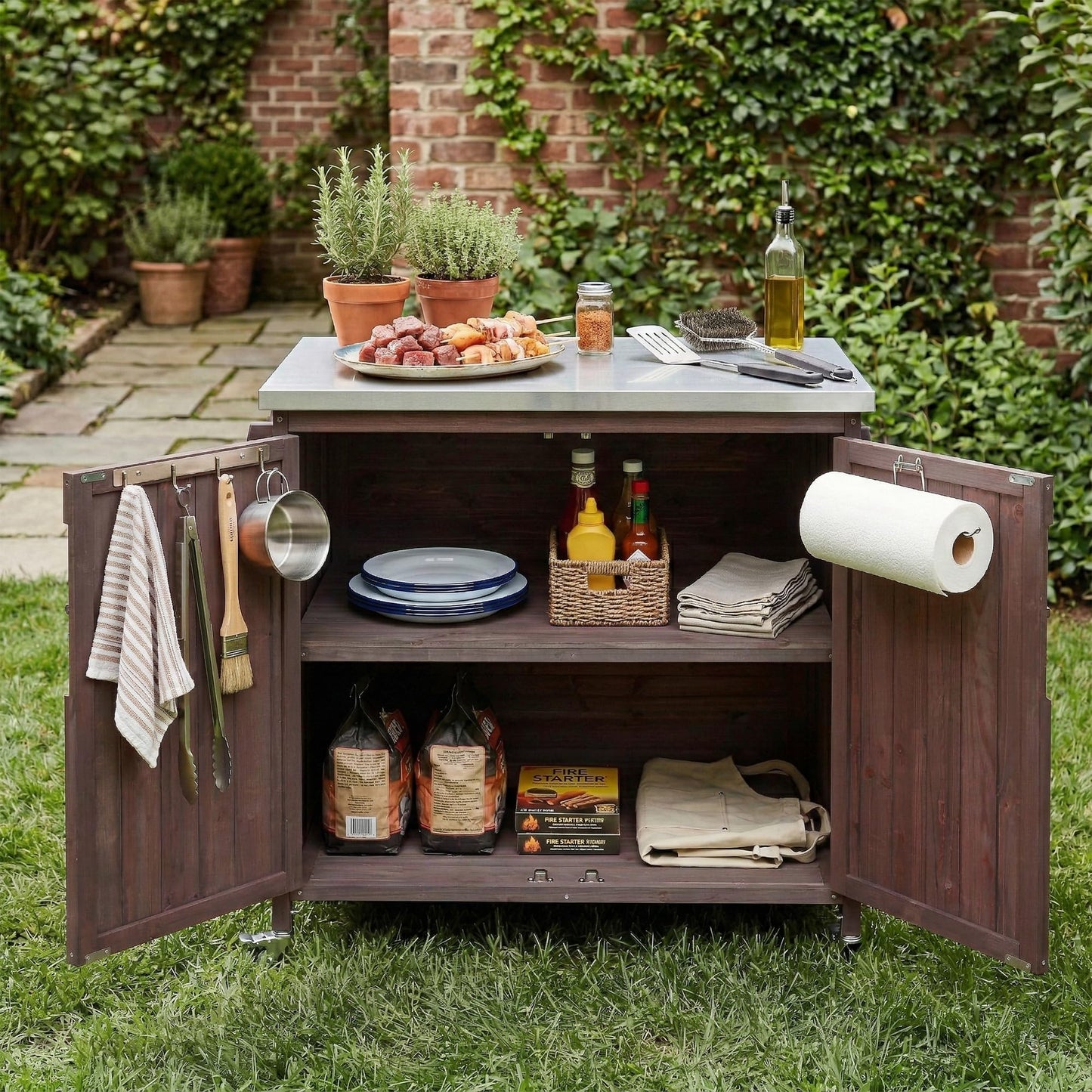 Merax Farmhouse 42." Grill Cart with Stainless Steel Top & Side Shelf, Outdoor Grill Station w/Adjustable Shelf & Lockable Wheels, Modular Kitchen Island for Food Prep & BBQ, Dark Brown
