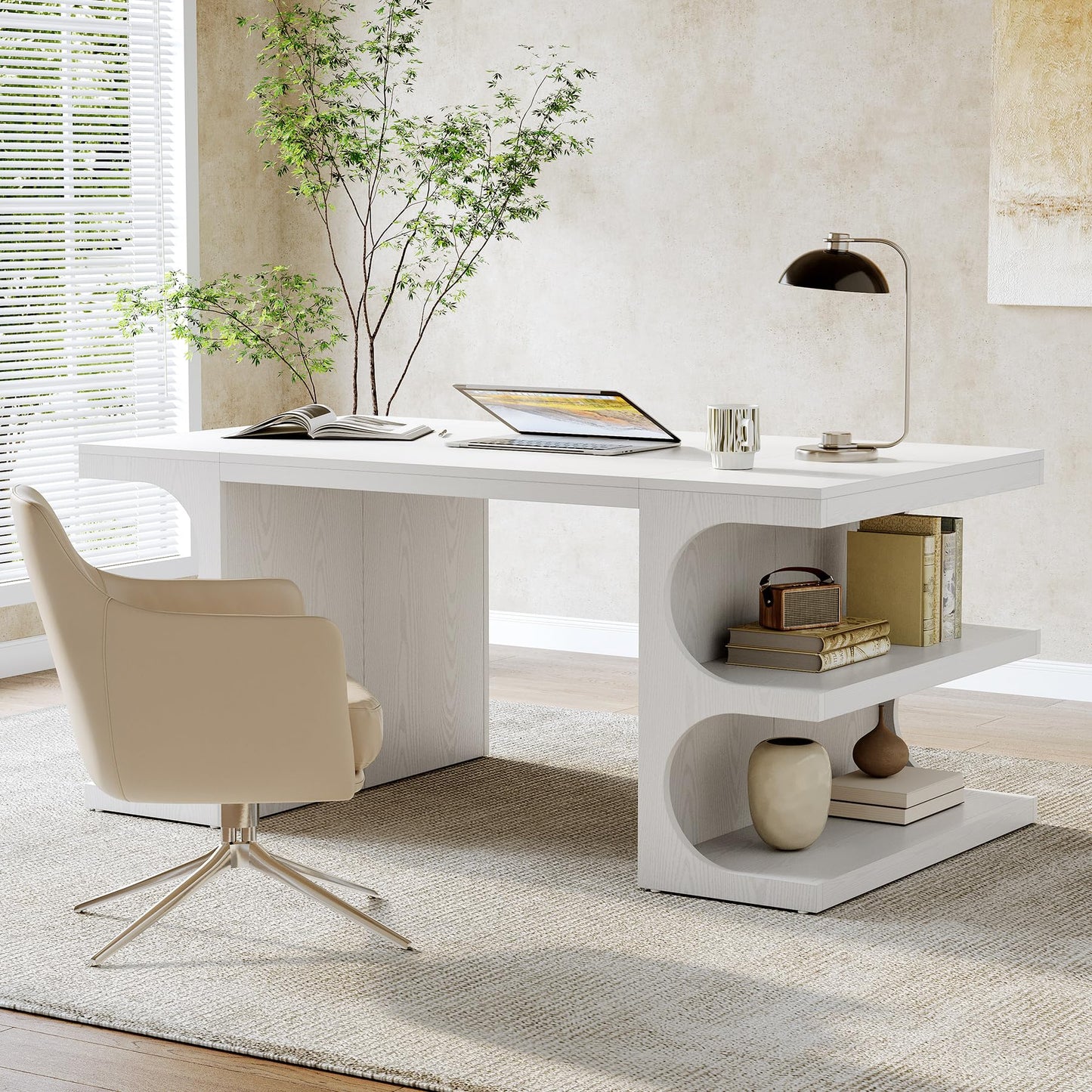 LITTLE TREE 62.2-Inch Executive Desk, Modern Home Office Desks, Office Table with Storage Shelves for Workspace, Large Computer Desk, Long Contemporary Writing Desk, White