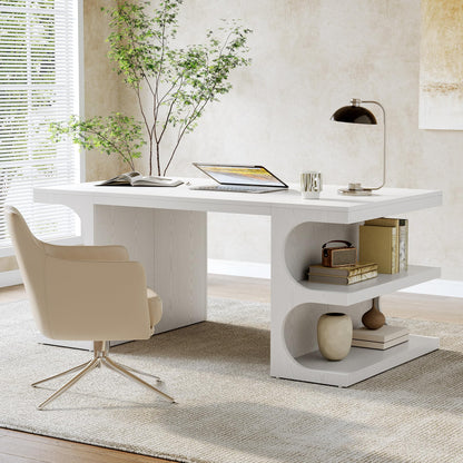 LITTLE TREE 62.2-Inch Executive Desk, Modern Home Office Desks, Office Table with Storage Shelves for Workspace, Large Computer Desk, Long Contemporary Writing Desk, White