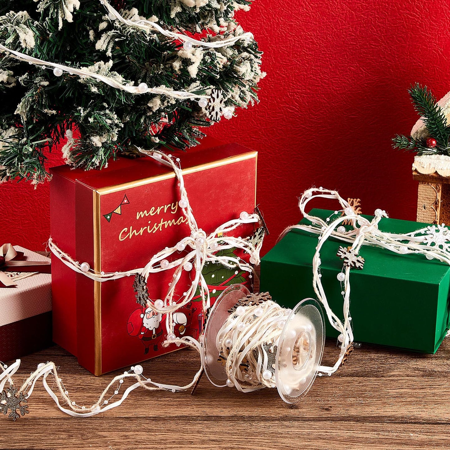 Taiyin 2 Rolls Snowflake Christmas Beads Ribbon 5.5 Yards Christmas Tree Trim Rope White Bead Pearl Ribbon Xmas Decoration for Gift Wrapping, Wreath, Garland, DIY Crafts Ornaments, Wedding Party Decor