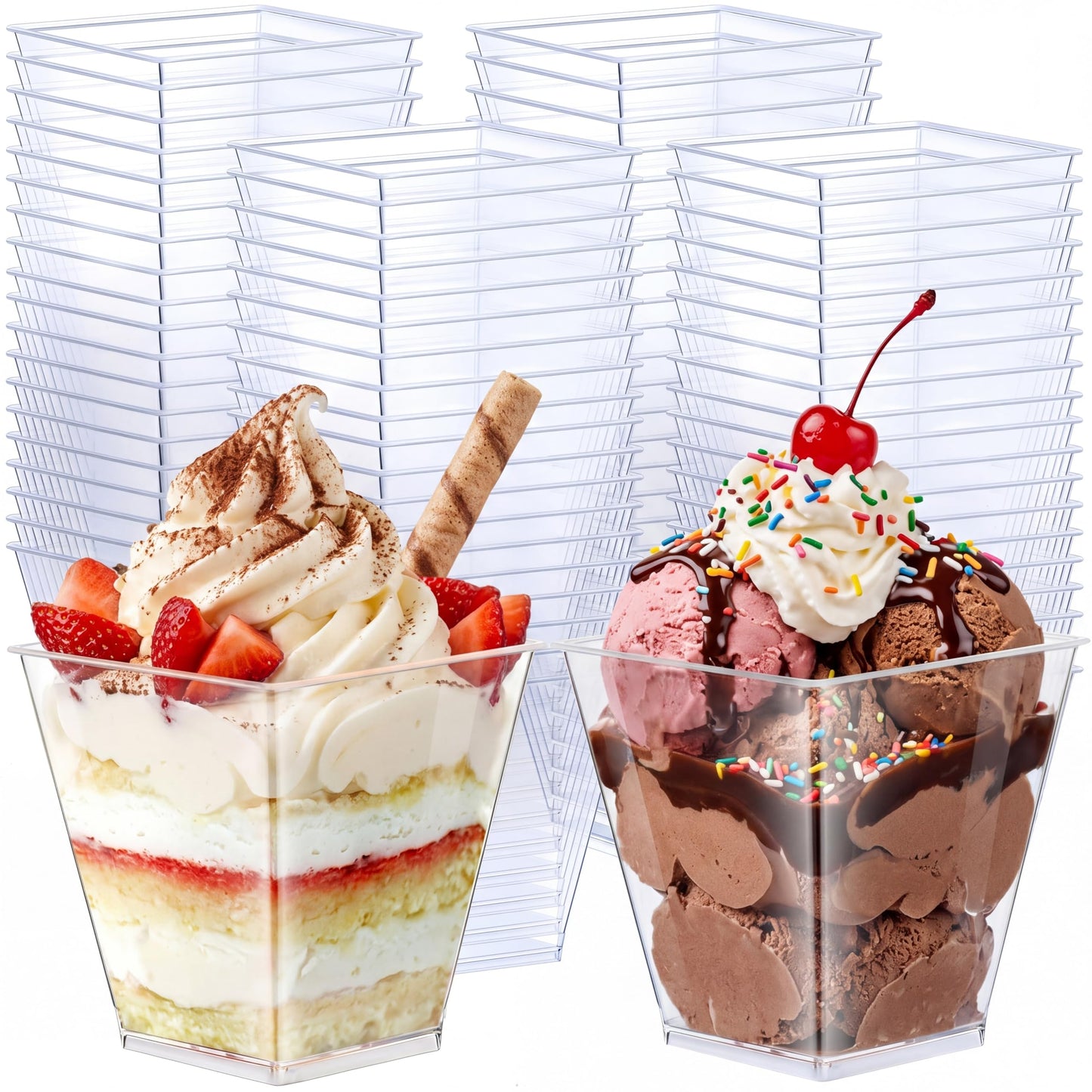Zubebe 100 Pack 8 Oz Square Plastic Cups, Appetizer Dessert Cups Clear Plastic Disposable Small Tumbler for Ice Cream, Fruit Puddings, Desserts, Appetizers Wedding Party Catering Supplies