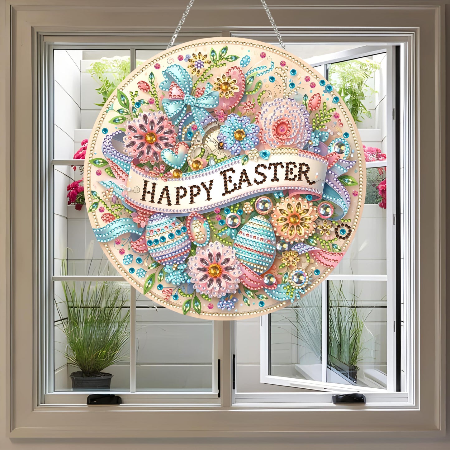 JJFox Diamond Art Hanging Kit for Adult,Special Shaped Rhinestone,Double Sided DIY Acrylic 5D Diamond Art Painting Window Pendants Home Garden Wall Hanging Kits Hanging Ornament (Happy Easter)