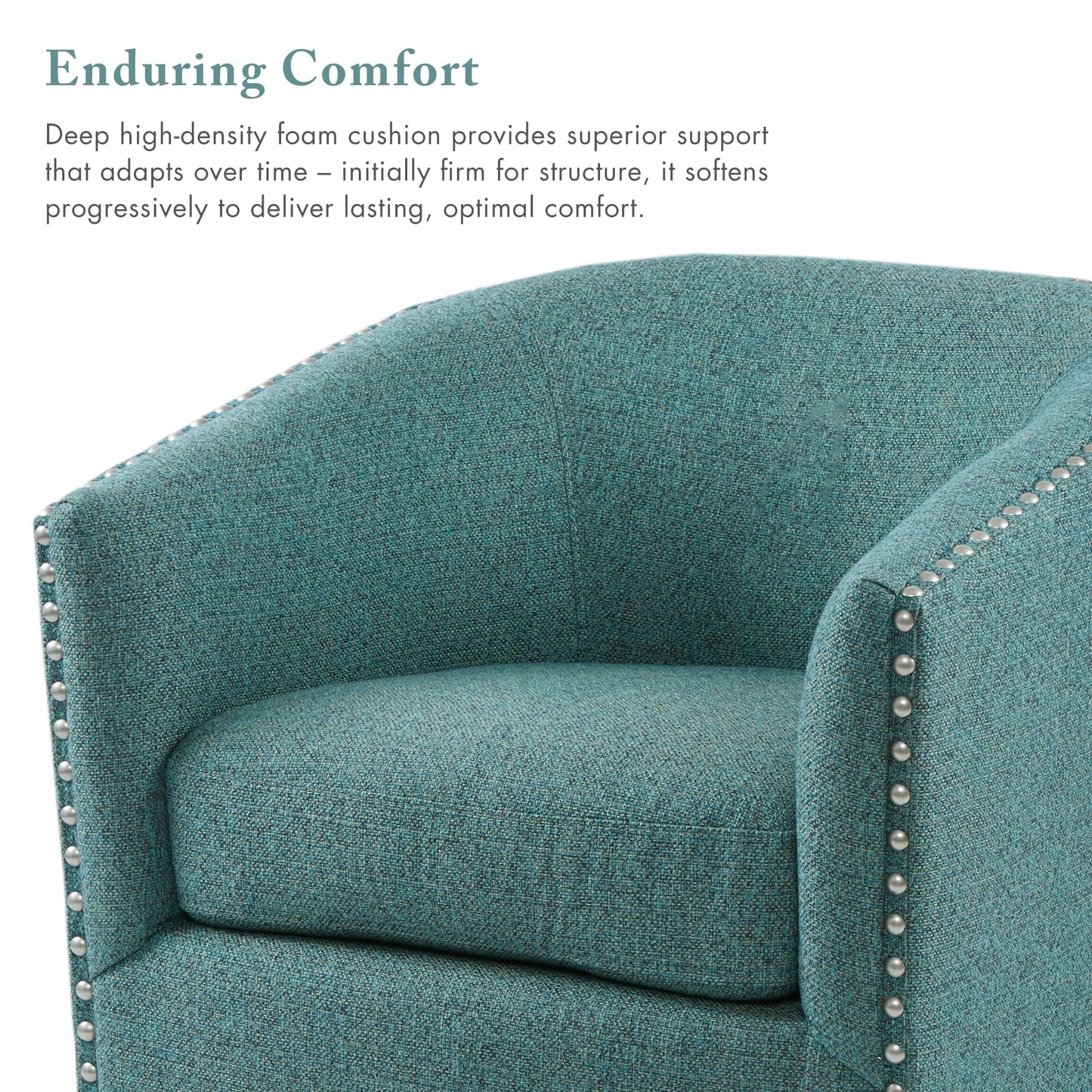 Madison Park Swivel Barrel Accent Chair, Upholstered Curved Back with 7-Inch Thick Woven Cushion, 360° Swivel, Nailhead Trim, Comfy Chair for Living Room, Bedroom, Office, 28" Wide, Teal, Tyler