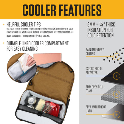 Carhartt Insulated Two Compartment Cooler, Durable Water Repellent Material W/Front Zippered Pocket for Camping, Beach & Travel, Cooler Backpack, Black