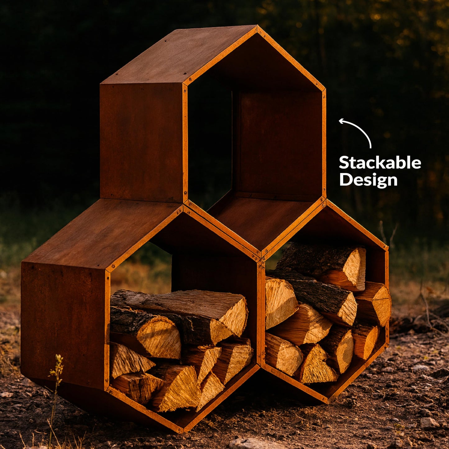 Sunnydaze Outdoor Firewood Rack - Rustic Fire Wood Holder - Hexagon Log Holder - Steel Log Rack for Firewood Storage - Set of 3
