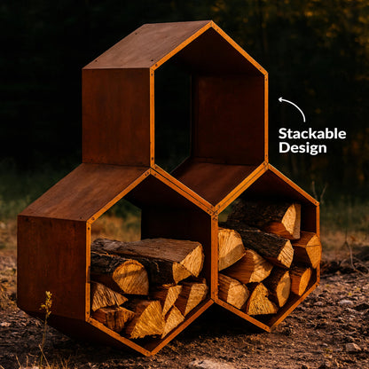 Sunnydaze Outdoor Firewood Rack - Rustic Fire Wood Holder - Hexagon Log Holder - Steel Log Rack for Firewood Storage - Set of 3