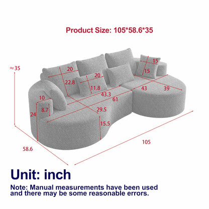 KEIKI 105" Chenille Corner Sofa with Chaise, Curved Sectional Couch, L Shaped Deep Seat Sectional Couch for Living Room, Bedroom, Beige