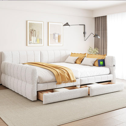 Merax Queen Size Lambswool Daybed, Upholstered Platform Day Bed with USB and 2 Drawers,U-Shaped Space Saving Corner Sofabed for Kids, Teens & Adults, Wood Slat Support,White