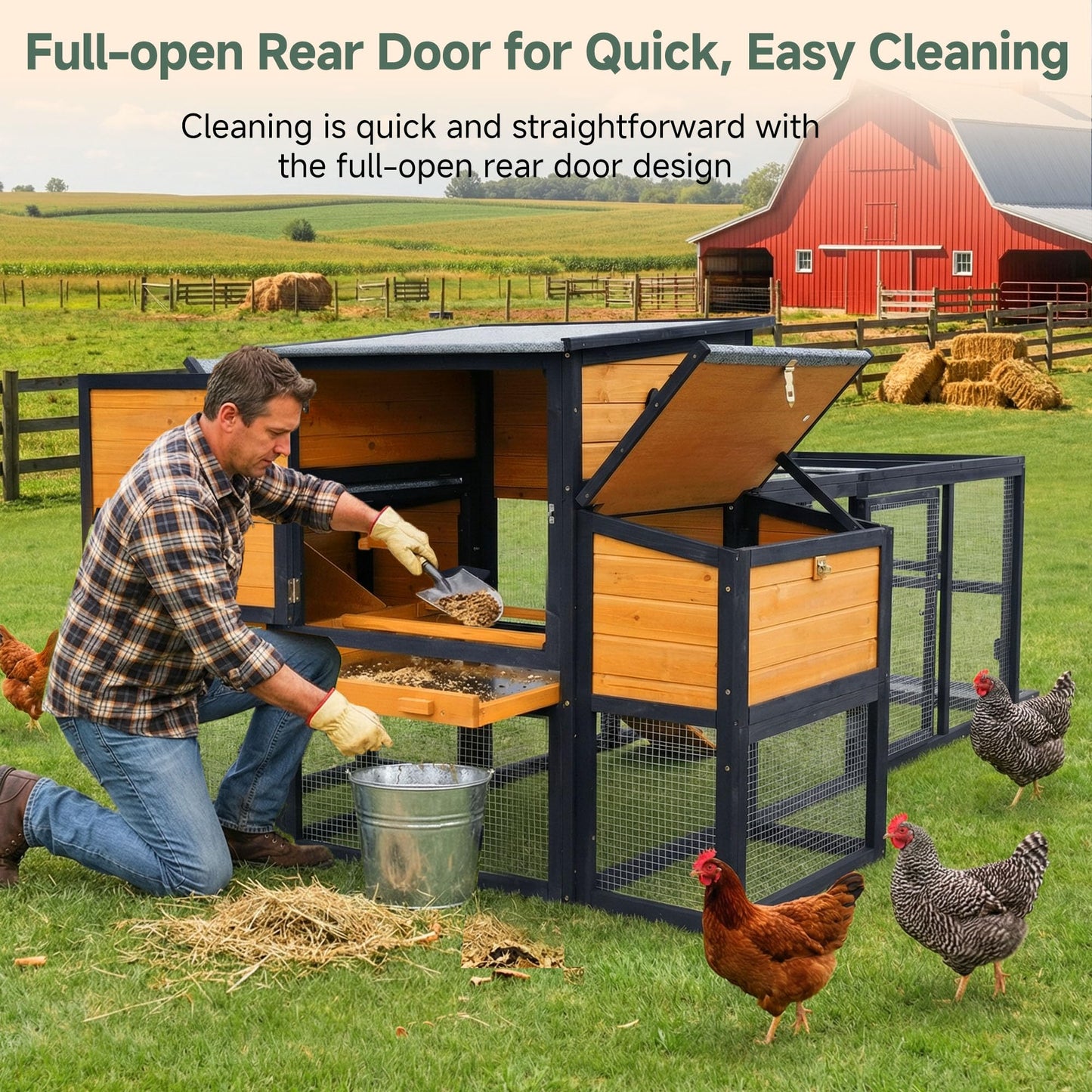 RUNSHED 83" Large Wooden Chicken Coop with Run, Outdoor Chicken House for 4-6 Chickens, Ventilation Window & Sliding Doors, Waterproof Felt Roof, Easy-Clean Full Rear Door, Predator-Proof Latches