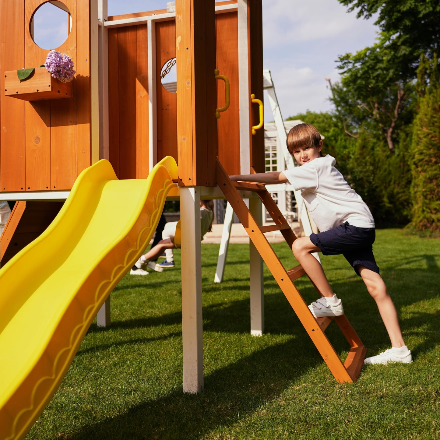 Avenlur Modern Outdoor Backyard Swing Set Children's Rock Climbing Wood Playground Playset 2 Belt Swings, Clubhouse Fort, Windows, Ladder, Wavy Slide Toddlers, Kids Climbers Play Adventure Rock 3-11yr