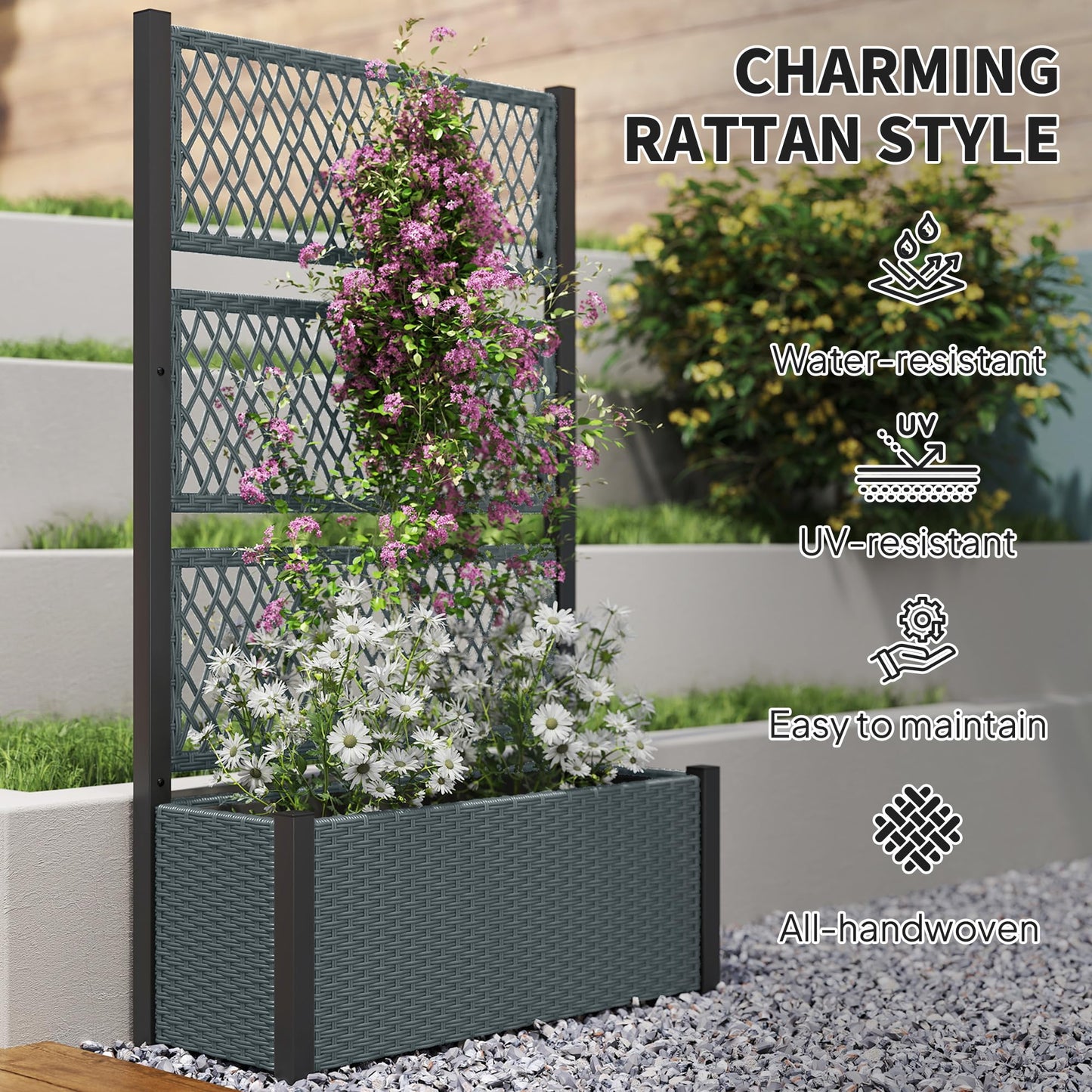 Outsunny Wicker Outdoor Planter with Trellis, 58" Standing Raised Garden Bed with Liner, Drainage Holes, Privacy Screen Planter Box for Climbing Plants, Flowers, Dark Grey