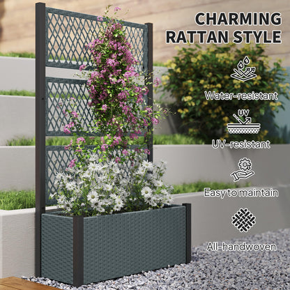 Outsunny Wicker Outdoor Planter with Trellis, 58" Standing Raised Garden Bed with Liner, Drainage Holes, Privacy Screen Planter Box for Climbing Plants, Flowers, Dark Grey