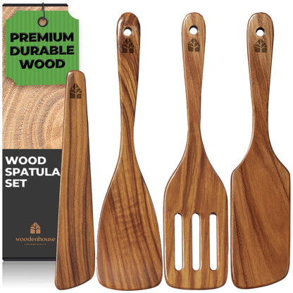 Wooden Spatula for Cooking - Natural Teak Wood Spatula for Non Stick Frying Pan - Wooden Cooking Utensils Set of 4 Including Paddle, Turner, Slotted Spurtle and Wood Scraper - Long Ergonomic Handles