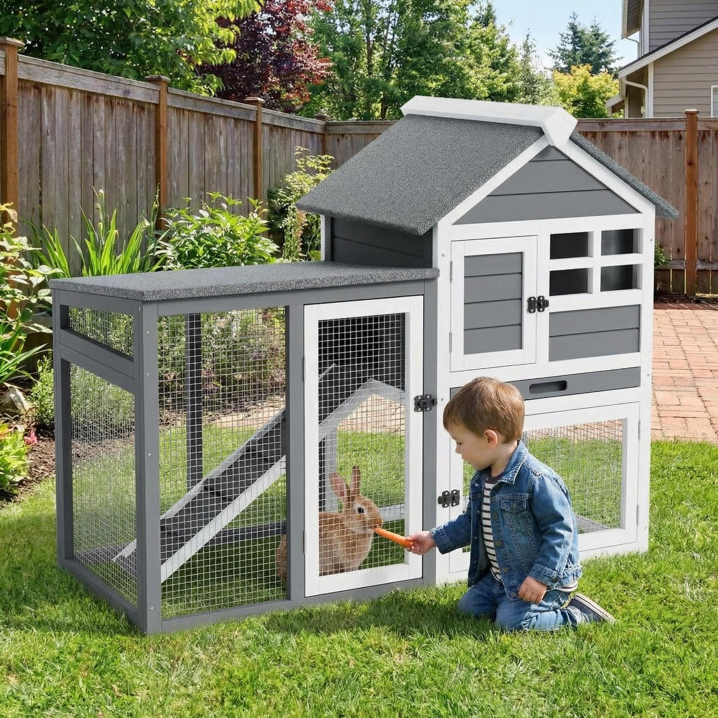 GarveeTech 2-Story Rabbit Hutch Outdoor, 45" Bunny Hutch, Small Chicken Coop Wooden with Pull-Out Tray & Ramp, Bunny Cage with Waterproof Roof, Poultry Cage for Bunnies, Chickens, Ducks, Guinea Pigs
