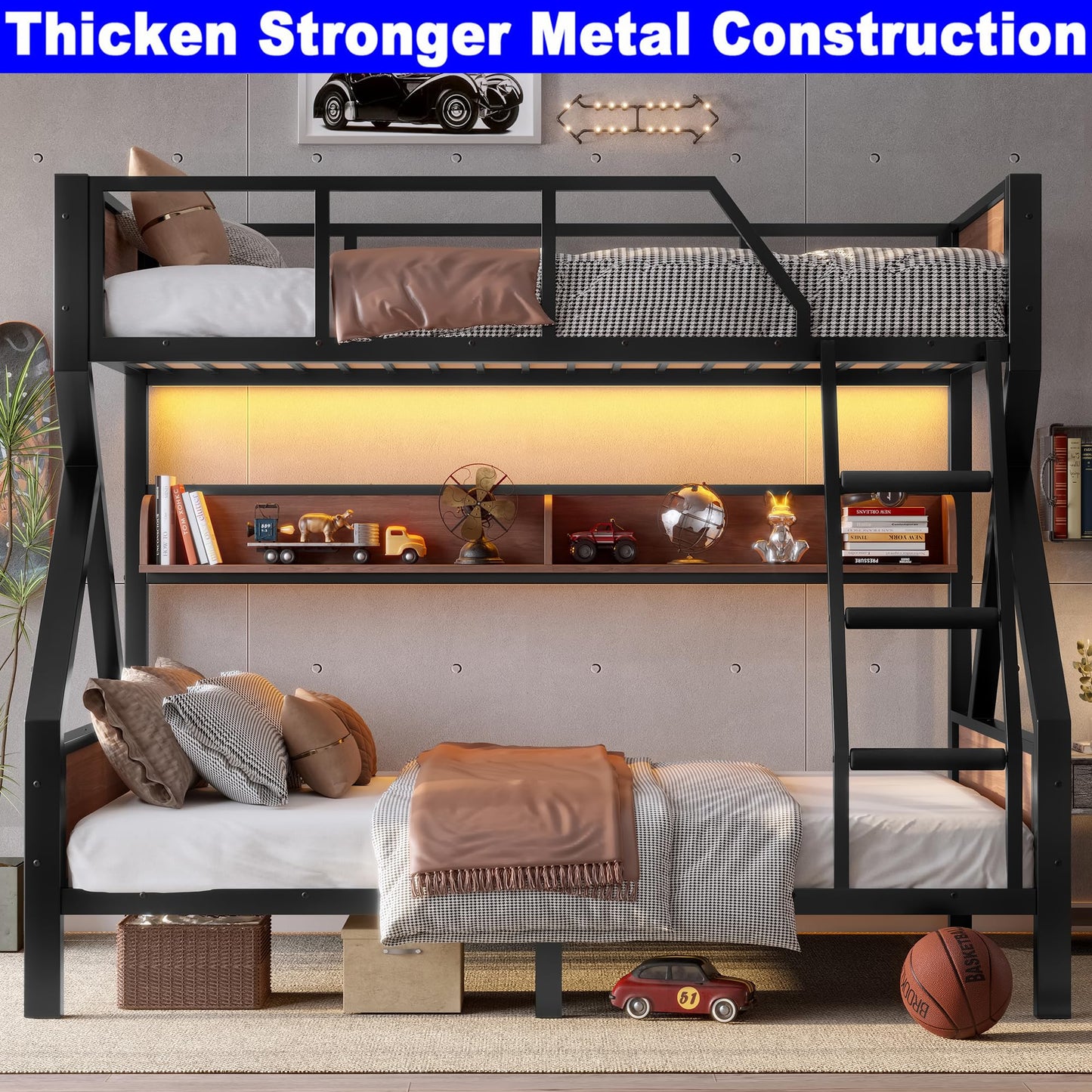 SIMPLEZC Upgraded Version Heavy Duty Thicken Metal Twin Over Full Bunk Bed with Storage Shelves and Lights, Best Industrial Style Bunk Bed Twin Over Full Size with Wood Board for Adults