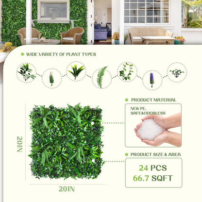 TTTM Artificial Hedge Grass Wall Panel: 20"x20" 24 Pcs Faux Boxwood Ivy Greenery Decor with UV Protection for Outdoor and Indoor Privacy Screen, Garden Fence, and Party Green Backdrop