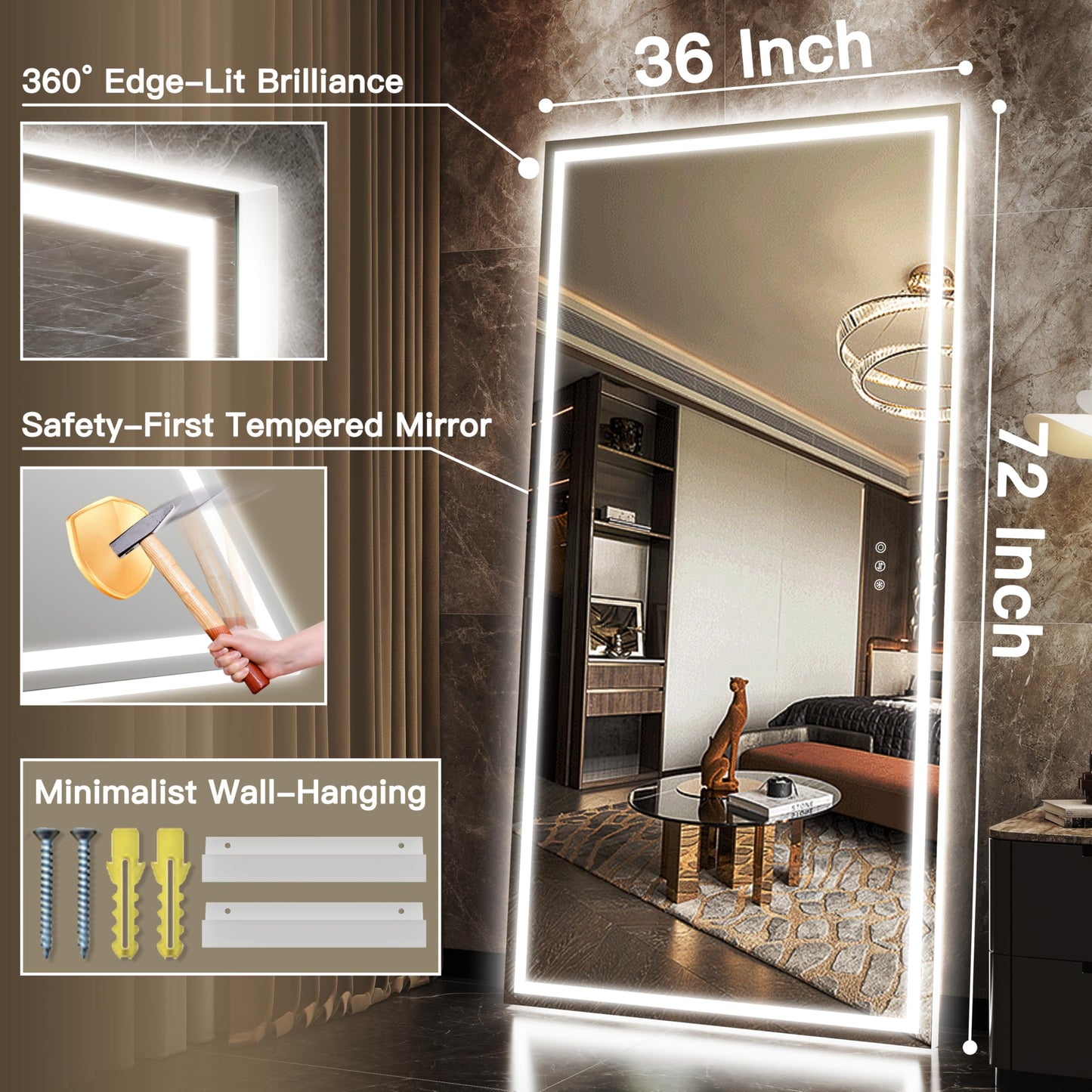 FENNIO Full Length Mirror with Lights, 70" x 32" LED Full Body Mirror, Free Standing Lighted Floor Mirror, Wall Mounted Hanging Mirror with Lights for Bedroom, Salon, Tempered Glass（White）