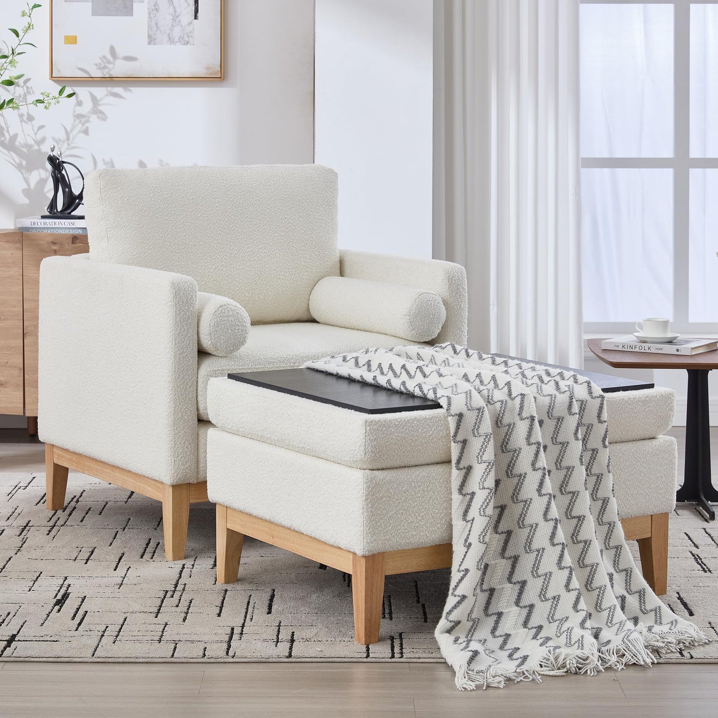 KEIKI 35.4" W Upholstered Accent Chair with Pillow, Ottoman with Convertible Reversible Lid Coffee Table & Storage, Farmhouse Boucle Single Seat Sofa Wood Legs, Ivory and Natural