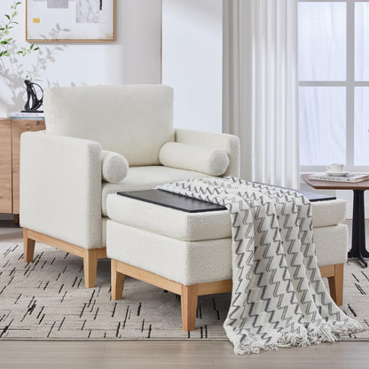 KEIKI 35.4" W Upholstered Accent Chair with Pillow, Ottoman with Convertible Reversible Lid Coffee Table & Storage, Farmhouse Boucle Single Seat Sofa Wood Legs, Ivory and Natural