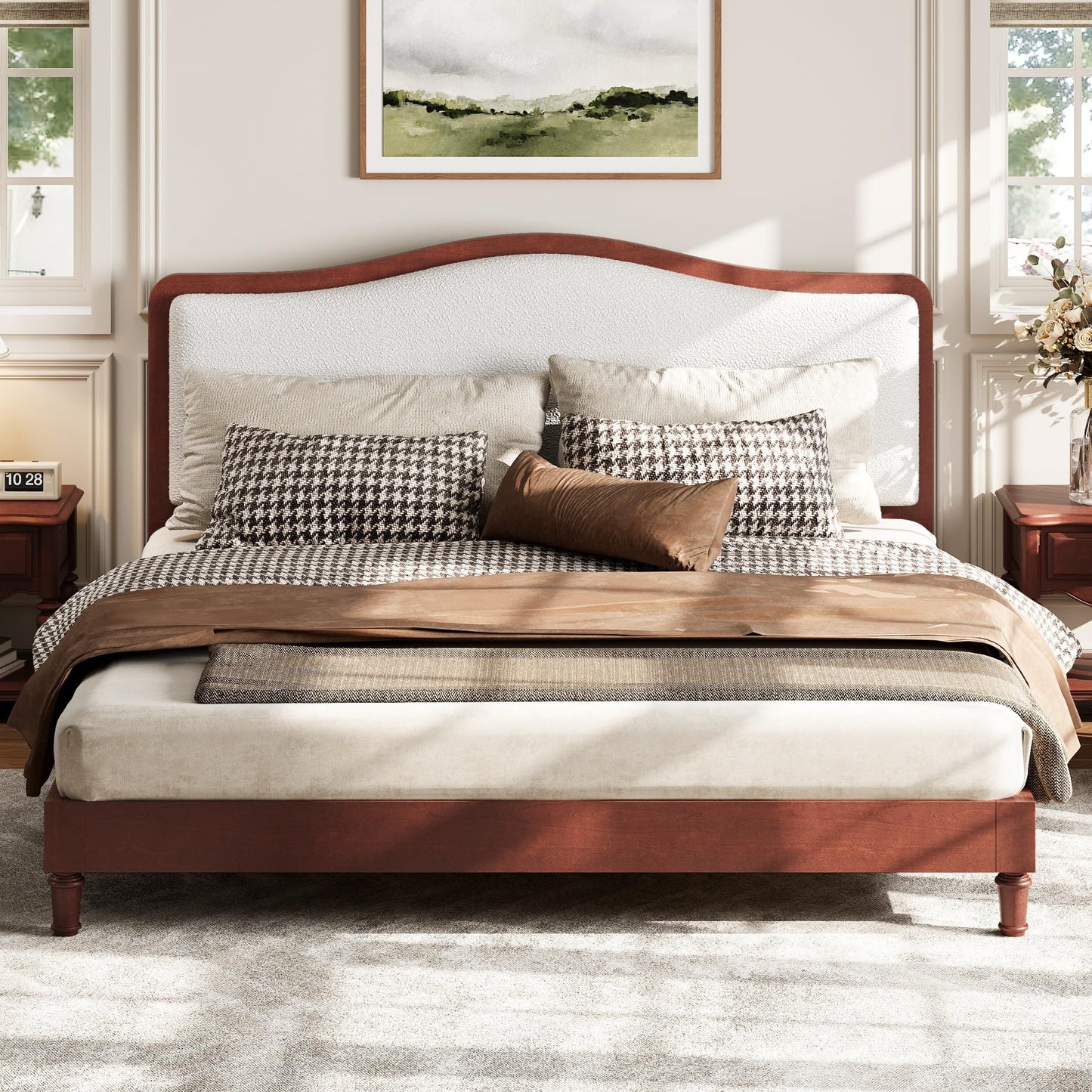 Merax King Size Upholstered Platform Bed Frame with Curved Headboard, Espresso Wood Frame & White Fabric, Noise-Free, Strong Slat Support, No Box Spring Needed, Easy Assembly
